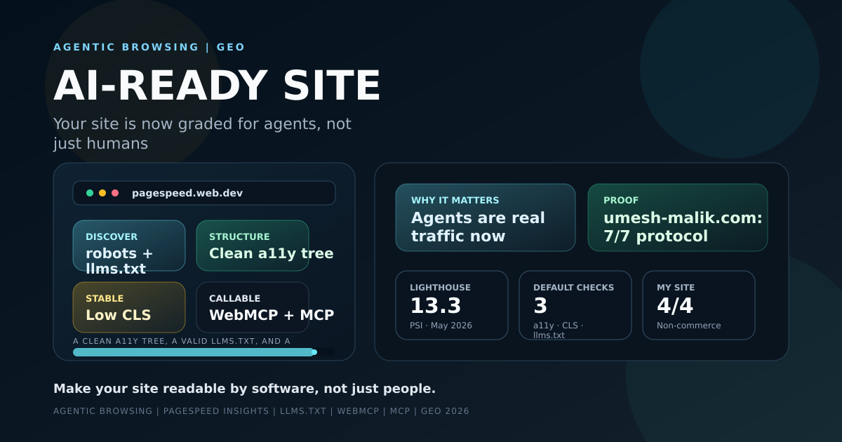The Agentic Browsing category in PageSpeed Insights scoring a website for AI agents alongside Performance, Accessibility, Best Practices and SEO