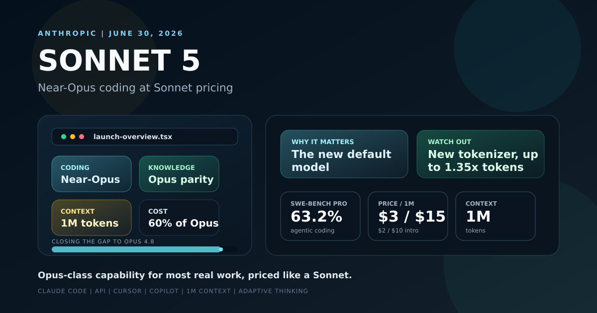 Cover for the Claude Sonnet 5 guide: benchmarks, pros and cons, use cases, and cost math versus Sonnet 4.6 and Opus 4.8