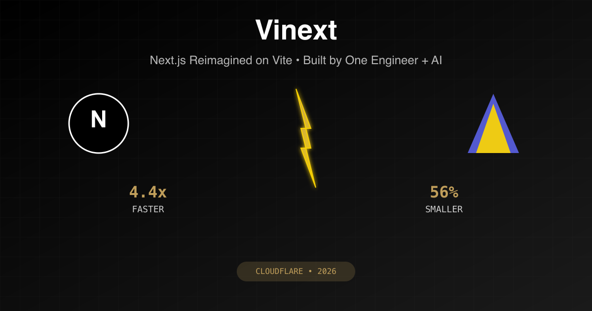 A lightning bolt splitting between Next.js and Vite logos, symbolizing Cloudflare's revolutionary Vinext framework that's 4.4x faster