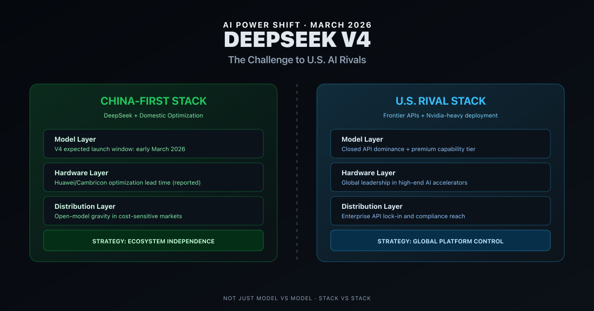 DeepSeek V4 launch preview showing AI model race between China-first chips and U.S. rivals