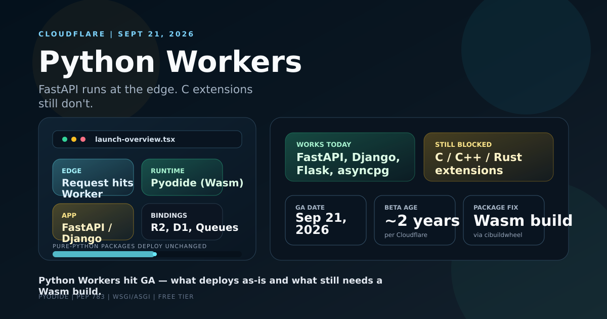Four-stage pipeline showing a Cloudflare Python Worker request flowing from the edge through Pyodide to FastAPI and out through R2, D1, and Queues bindings
