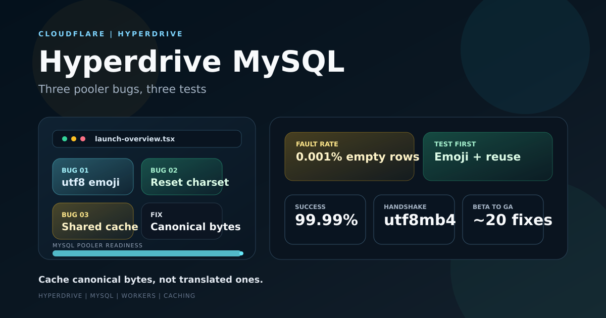 Dashboard-style cover for Hyperdrive MySQL on Cloudflare Workers showing a Worker, client node, shared cache and endpoint node, with a 0.001 percent bug rate and 99.99 percent success target