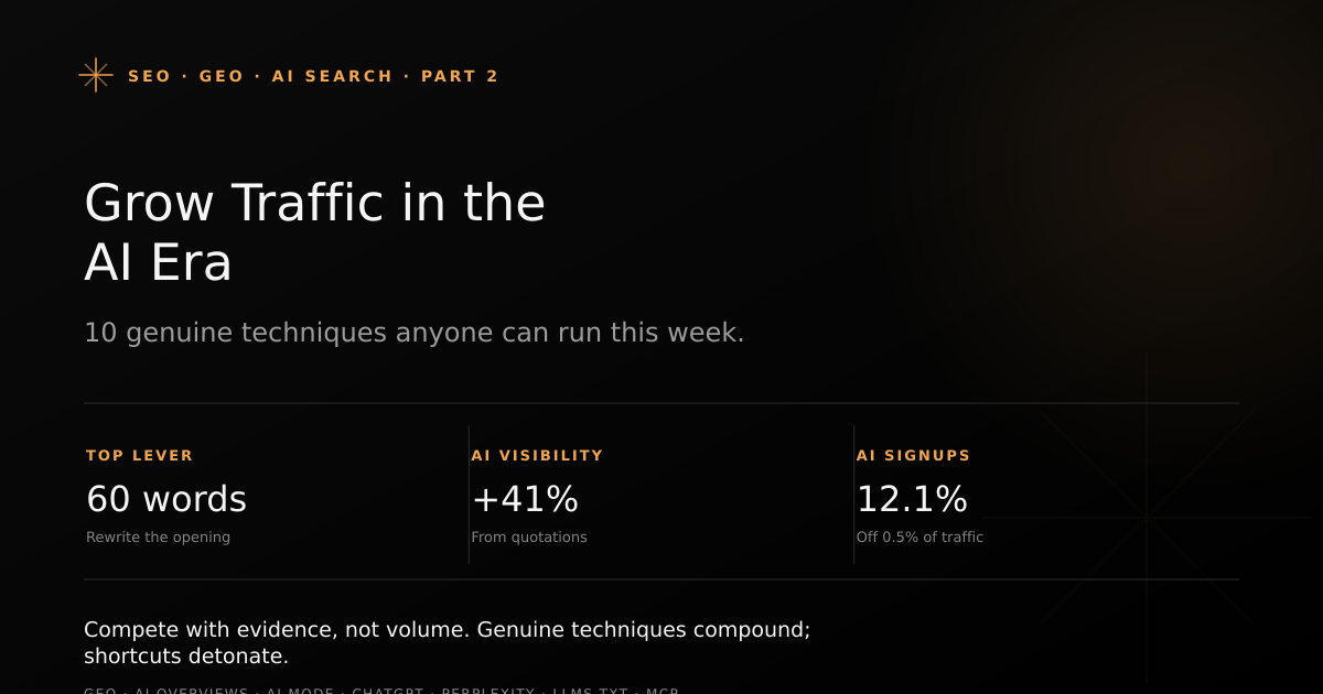 How to increase SEO traffic in the AI era — a hands-on field guide of genuine, repeatable techniques to earn clicks and AI citations in 2026