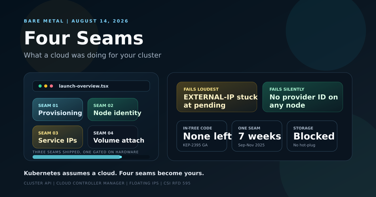 The four integration seams a cloud provider fills for Kubernetes, and what you must build yourself on bare metal